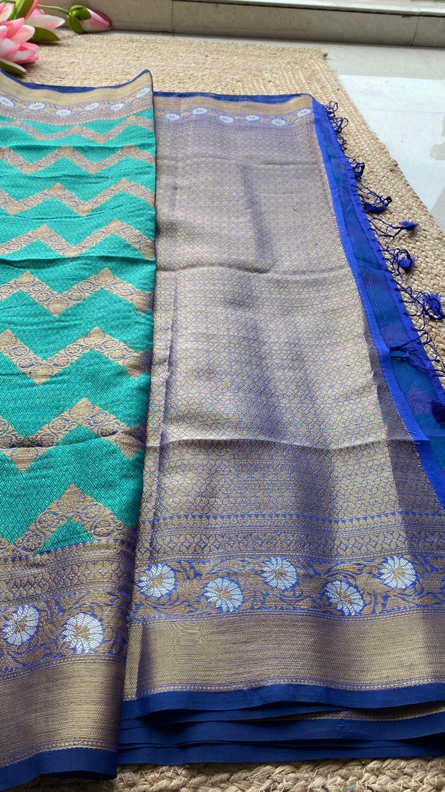 Sea blue silk chanderi saree with blouse - Threads