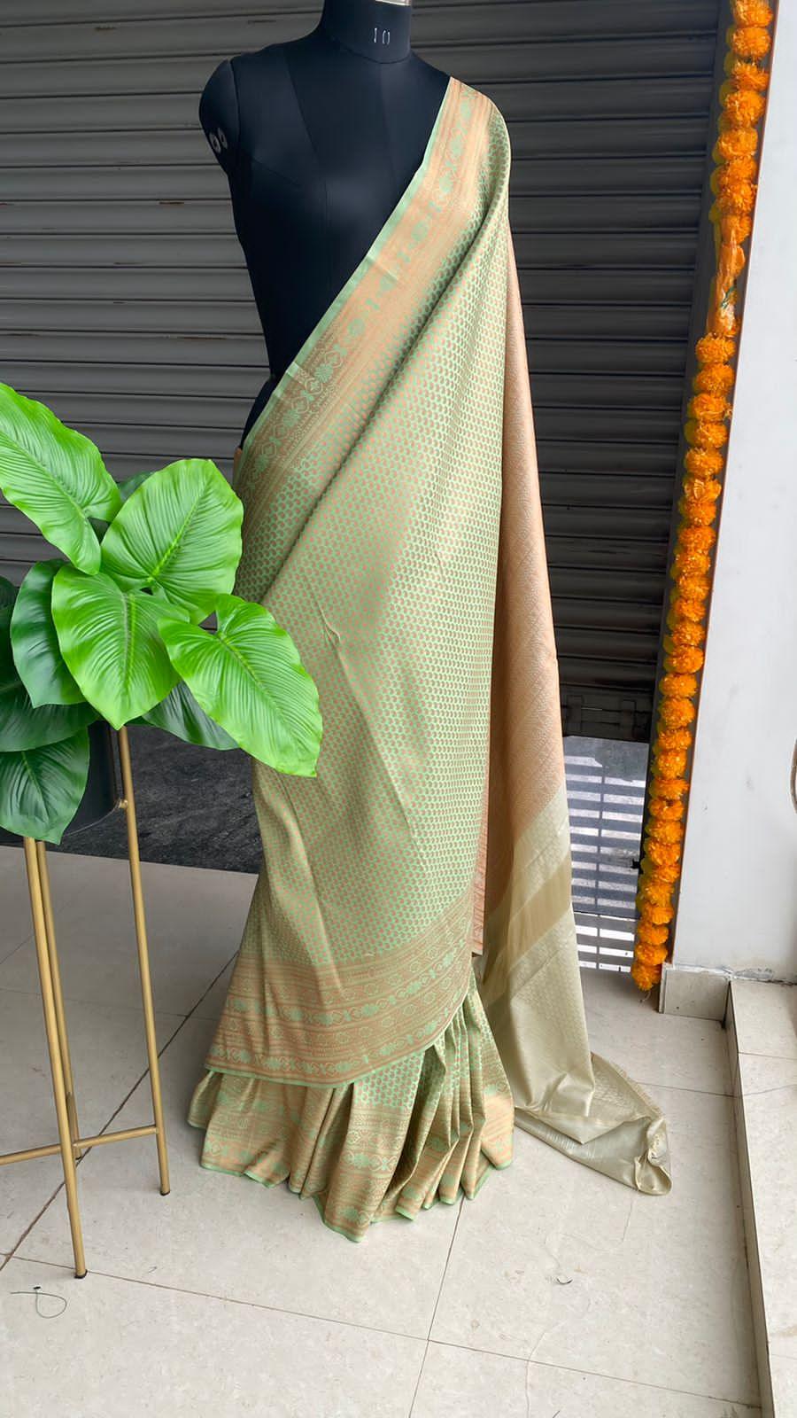 Light green and peach silk saree with blouse - Threads