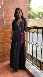 Black silk V neck handworked dress - Threads