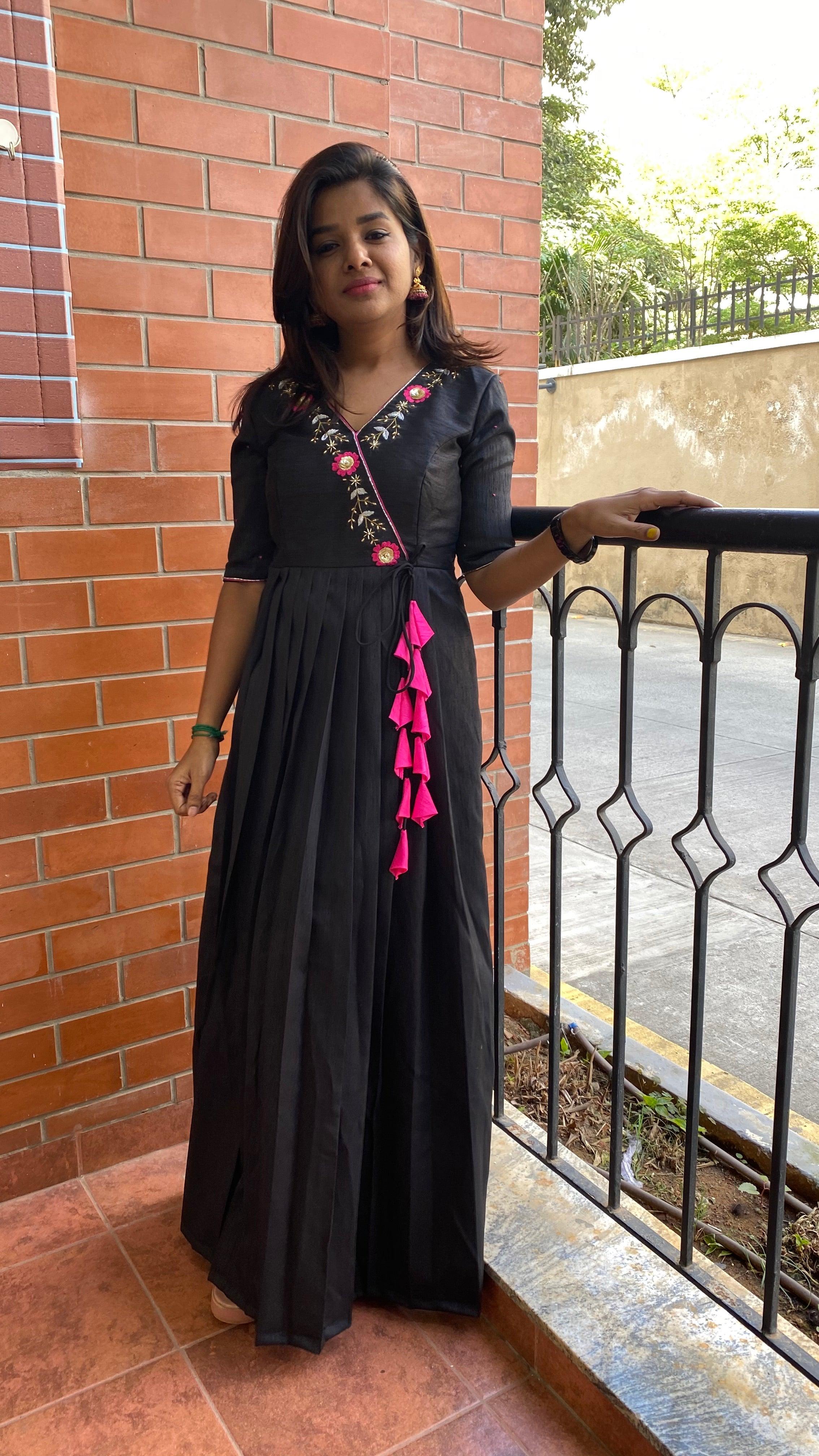 Black silk V neck handworked dress - Threads