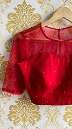 Deep red netted hand embroidery worked blouse - Threads