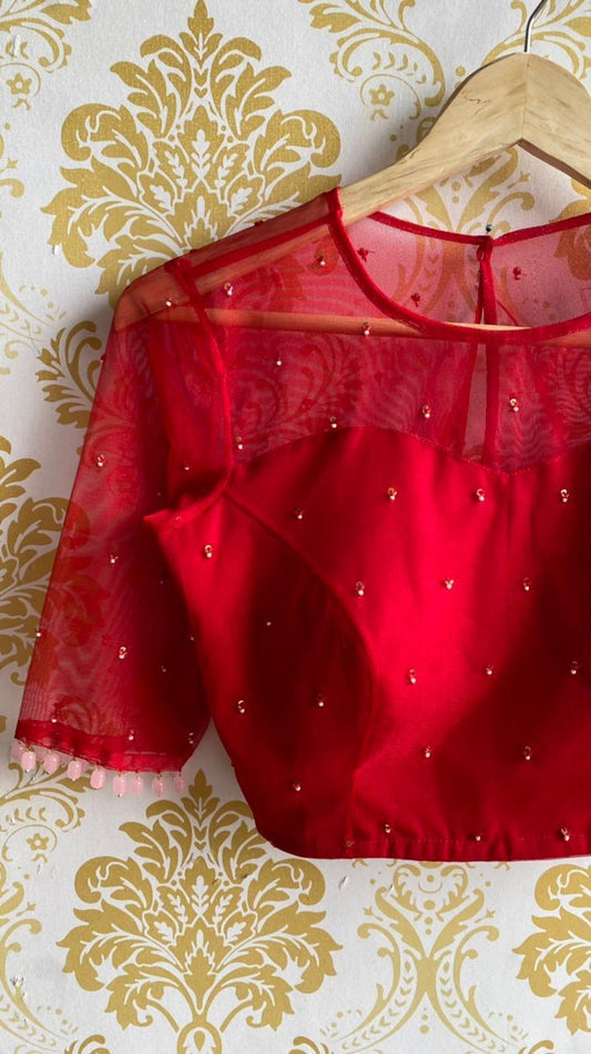 Deep red netted hand embroidery worked blouse - Threads
