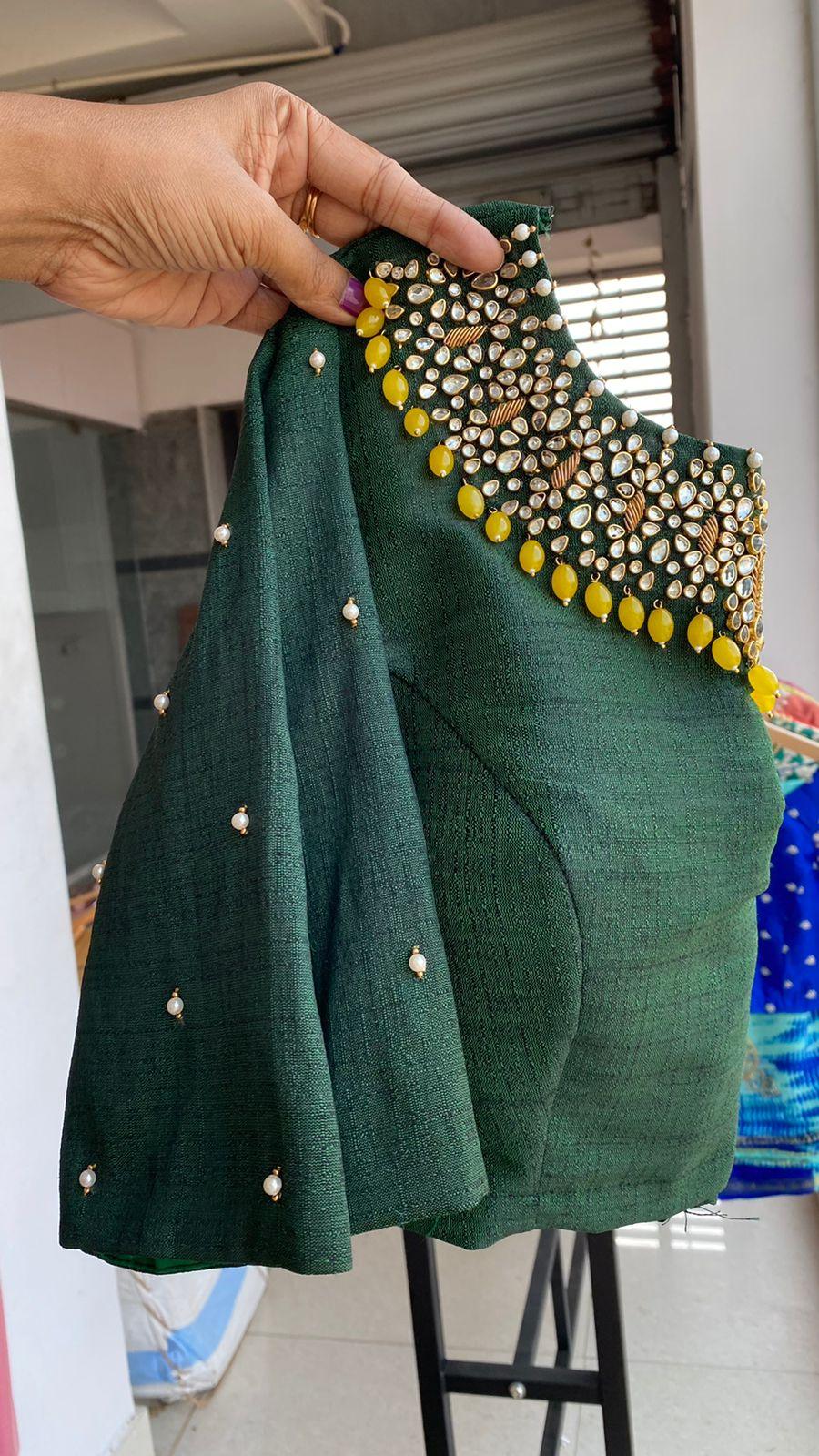 Hand worked Green Jewel Neck stitched Blouse - Threads
