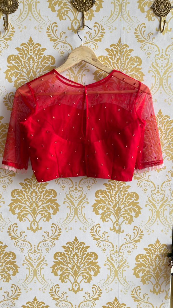 Deep red netted hand embroidery worked blouse - Threads