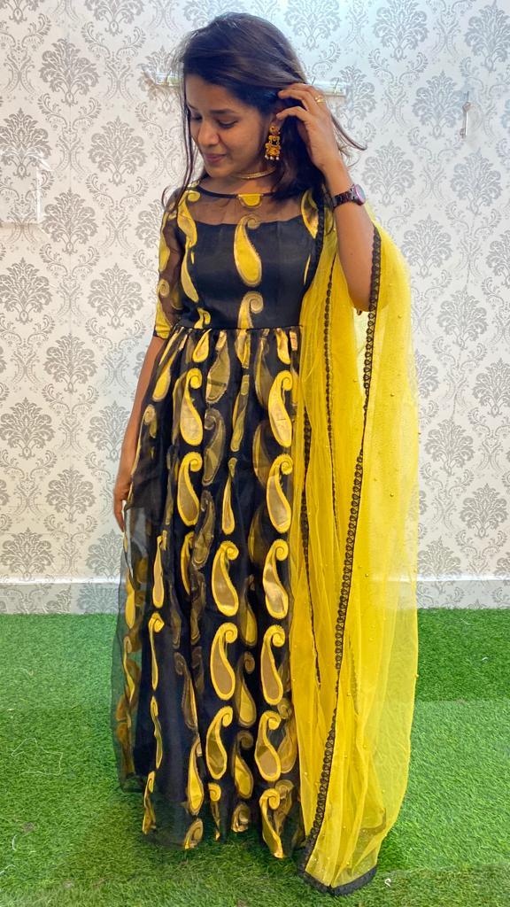 Golden yellow and black organza party wear salwar - Threads