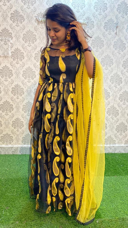 Golden yellow and black organza party wear salwar - Threads