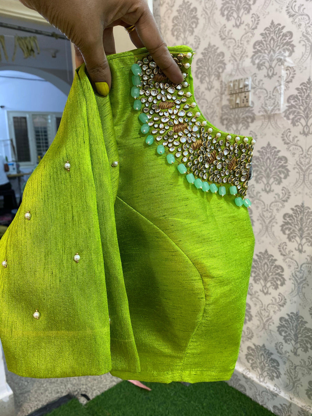 Parrot green silk blouse with Jewel Neck handworks - Threads
