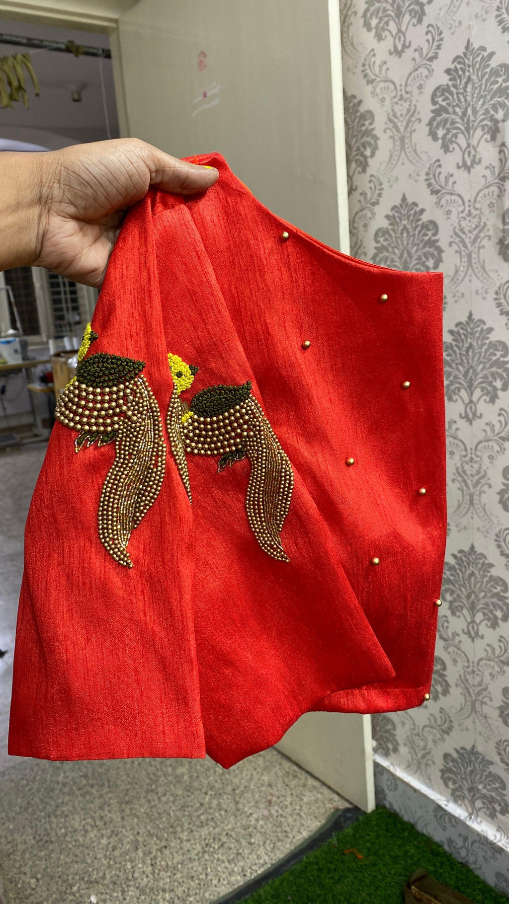 Red silk hand worked ready made blouse - Threads