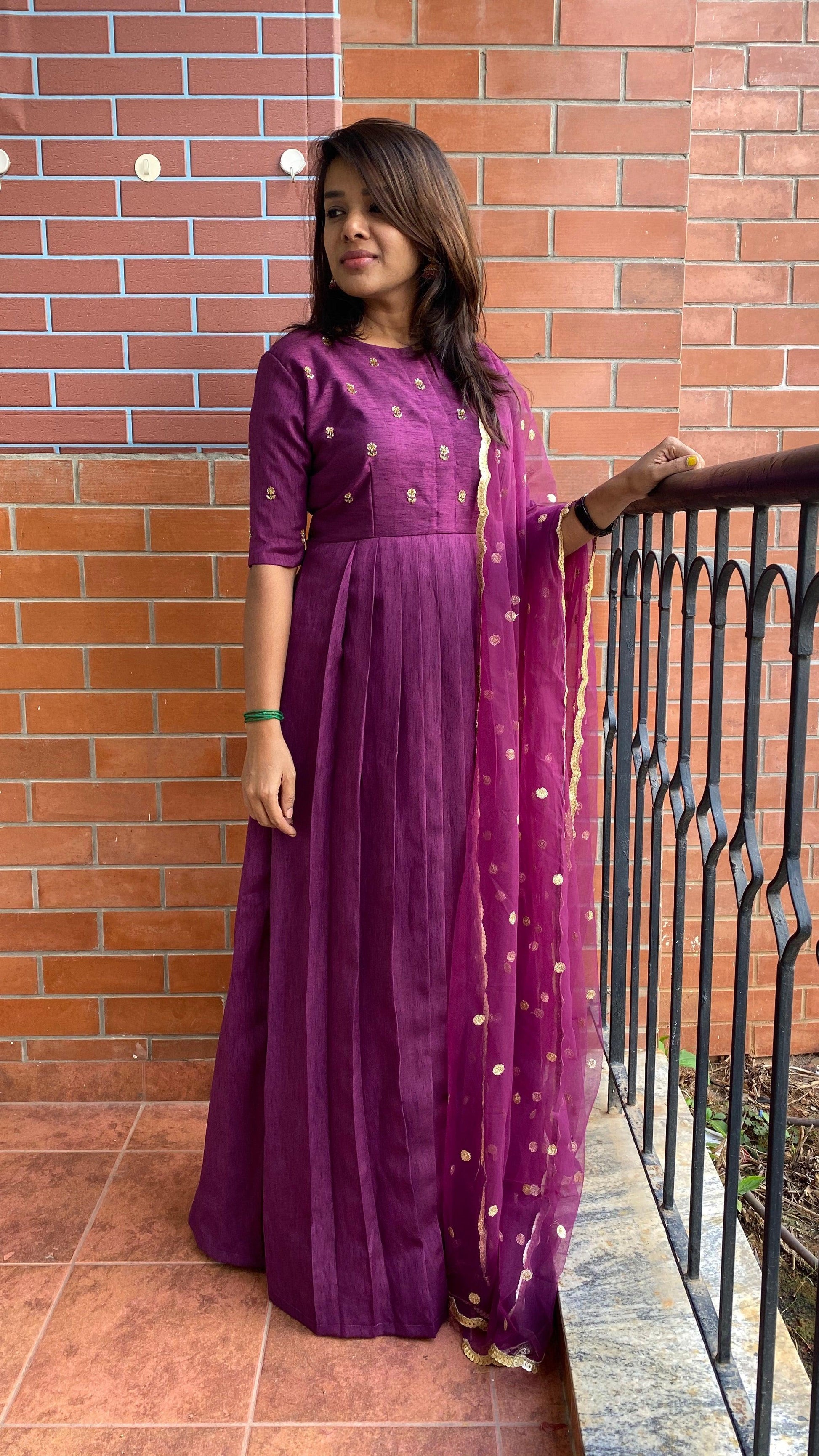 Wine silk salwar full hand worked top and sleeve worked dress - Threads