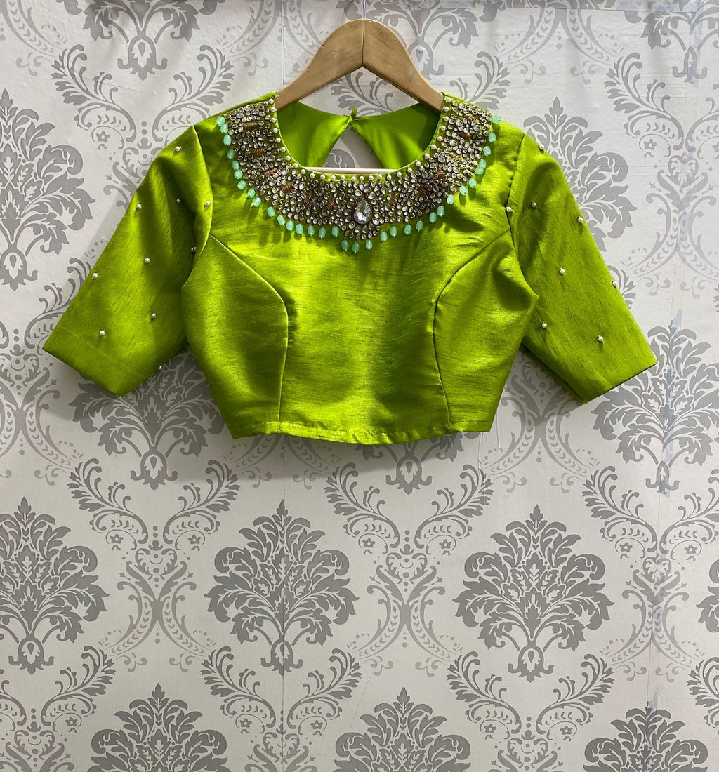Parrot green silk blouse with Jewel Neck handworks - Threads