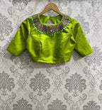 Parrot green silk blouse with Jewel Neck handworks - Threads