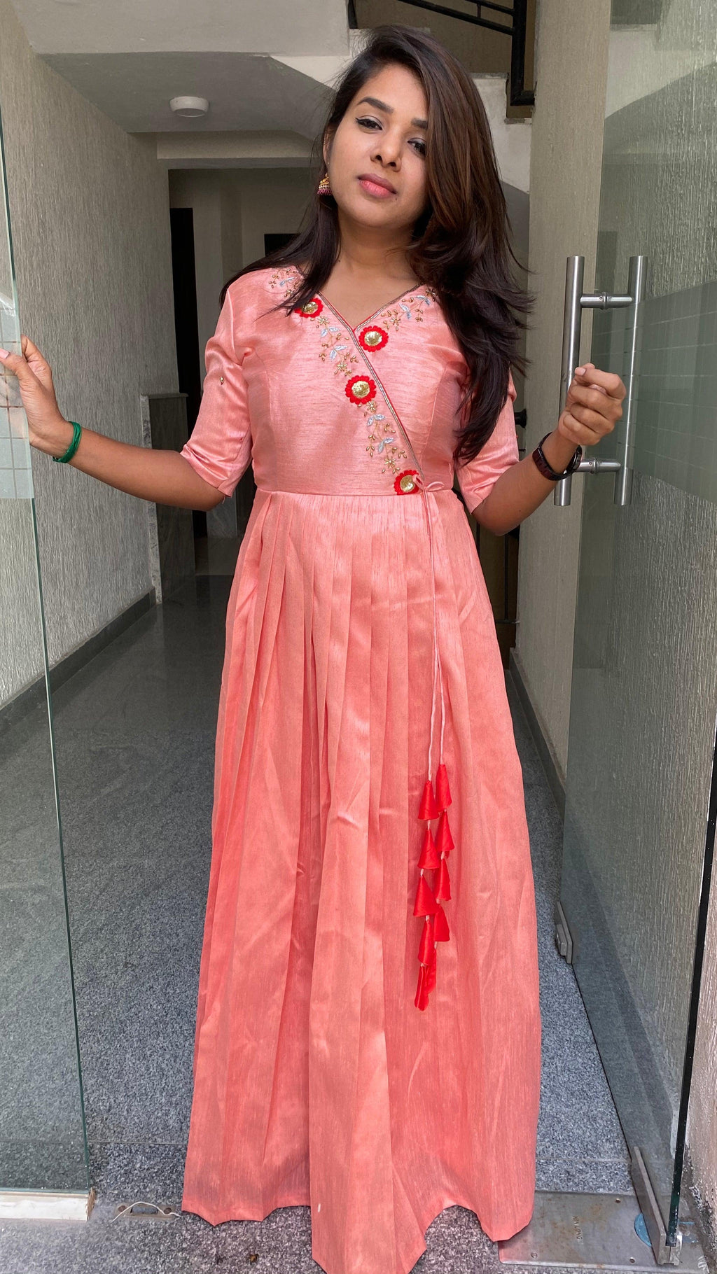Peach silk Full handworked V neck salwar Dress - Threads