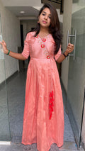 Peach silk Full handworked V neck salwar Dress - Threads