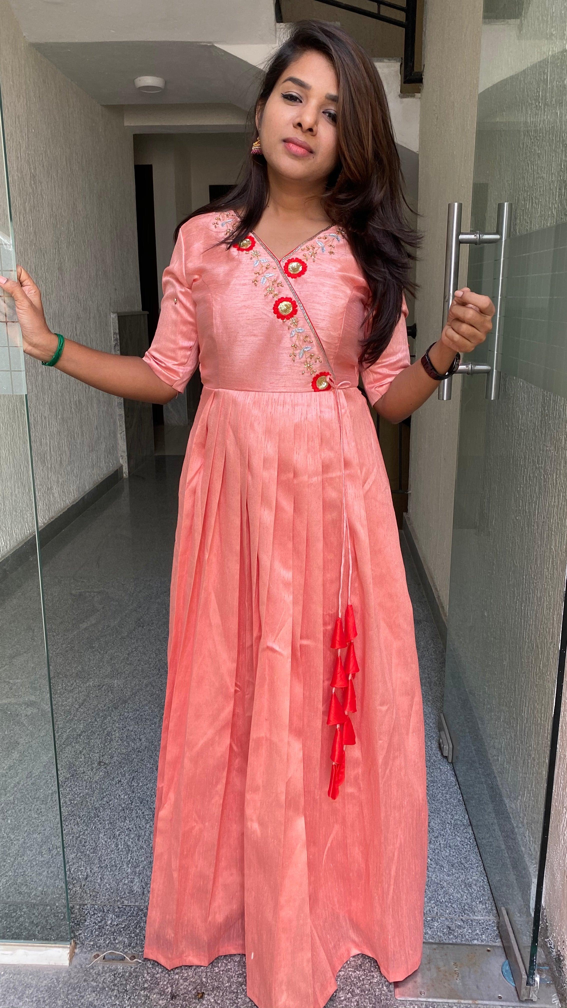 Peach silk Full handworked V neck salwar Dress - Threads