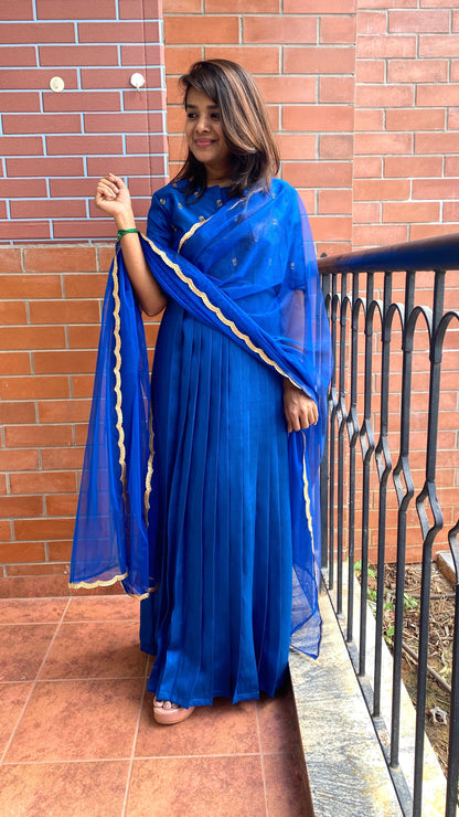 Blue silk hand worked yoke and sleeved Full length salwar - Threads