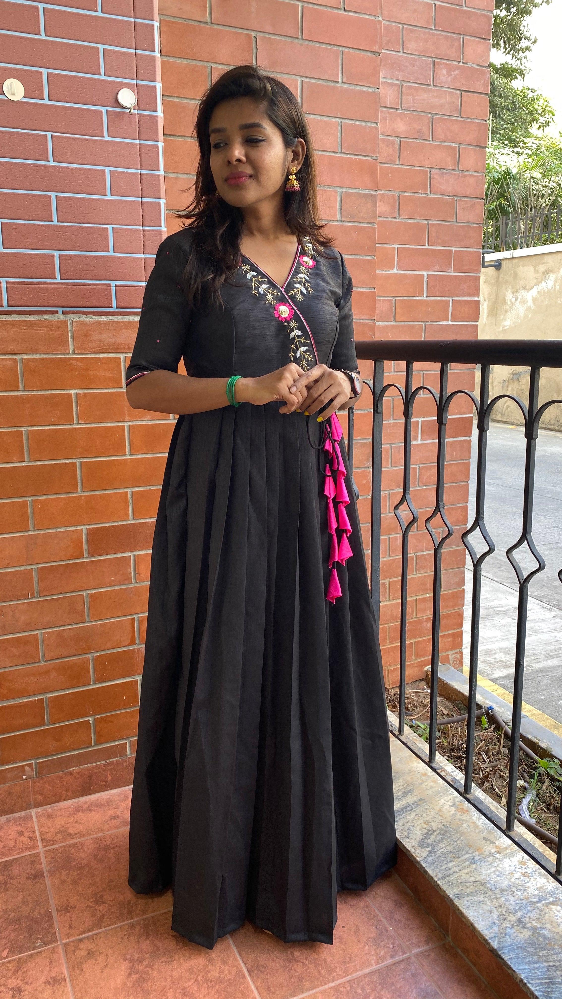 Black silk V neck handworked dress - Threads