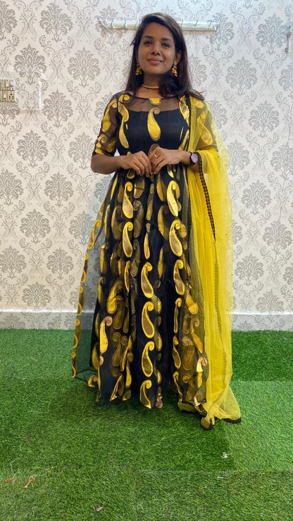 Golden yellow and black organza party wear salwar - Threads