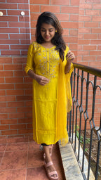 Yellow Heavy Zari and pearl handwork top and Duppata kurti set - Threads