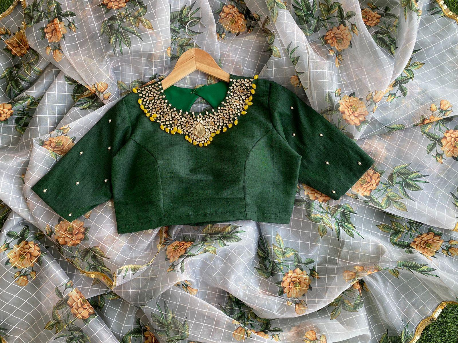 Hand worked Green Jewel Neck stitched Blouse - Threads