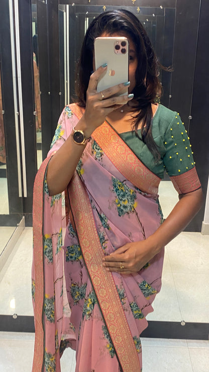 Onion pink floral saree with green blouse - Threads