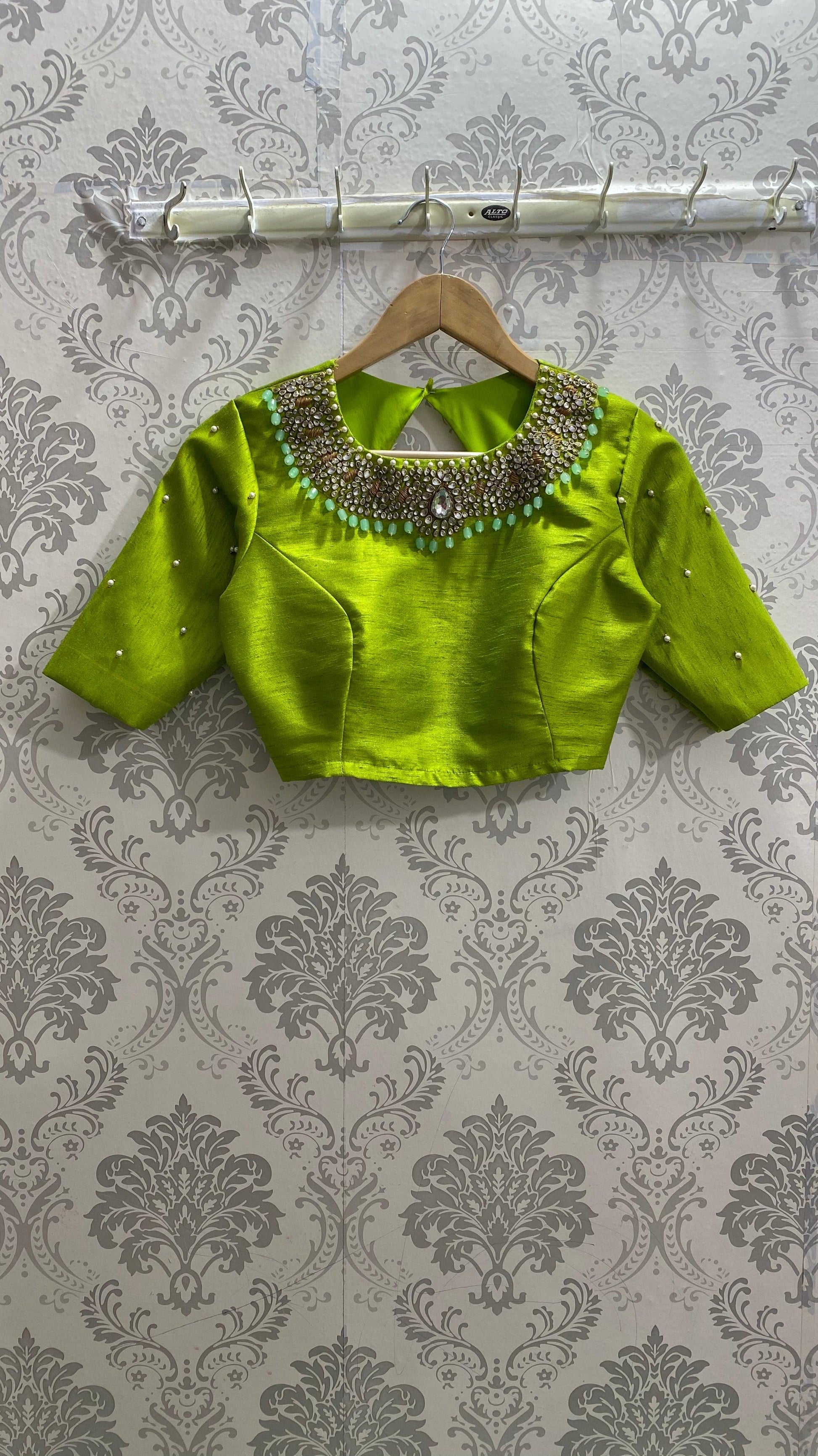 Parrot green silk blouse with Jewel Neck handworks - Threads