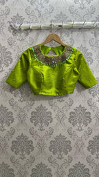 Parrot green silk blouse with Jewel Neck handworks - Threads