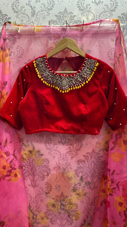 Red velvet blouse with heavy handmade jewel neck - Threads