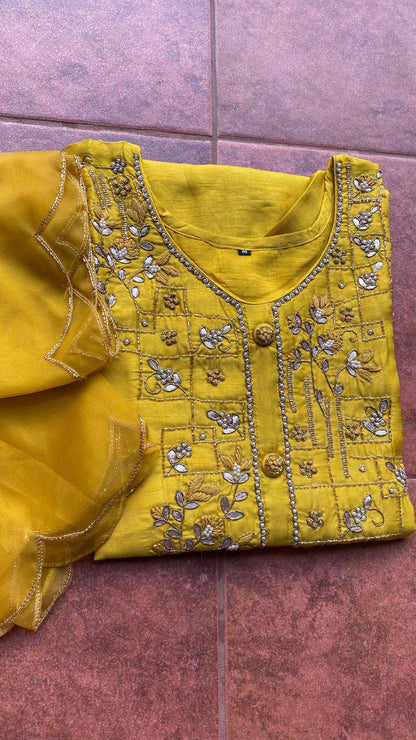 Yellow Heavy Zari and pearl handwork top and Duppata kurti set - Threads