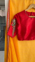Designer Hand worked Bird motifs red ready to wear blouse - Threads