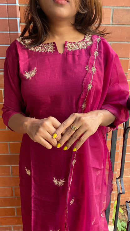 Wine silk hand made embroidery kurti 3 piece set - Threads