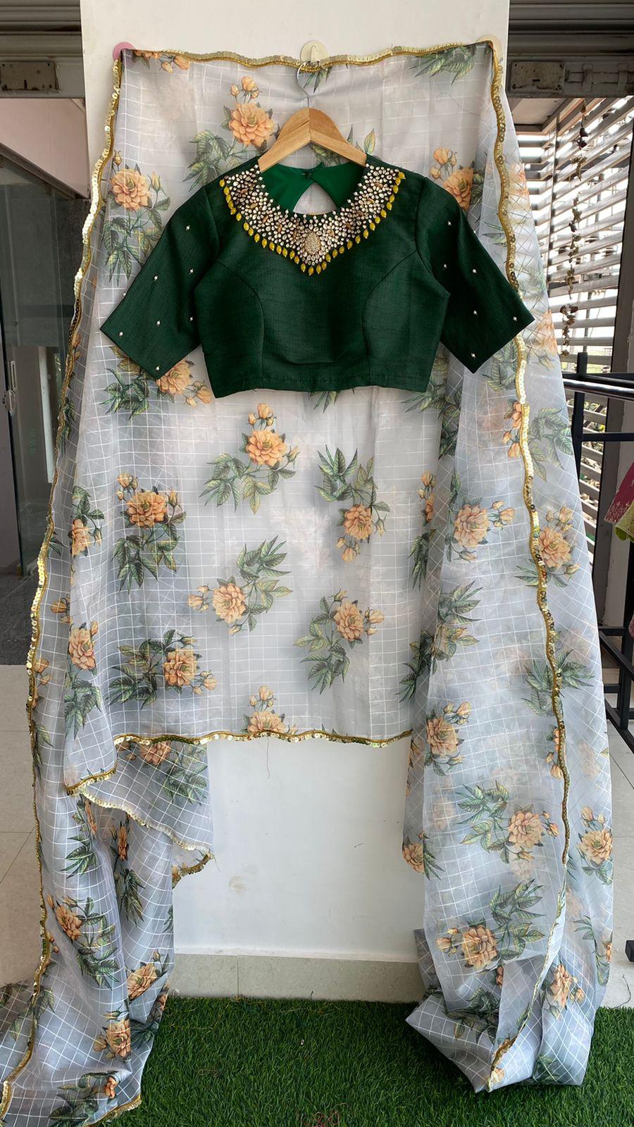 Hand worked Green Jewel Neck stitched Blouse - Threads