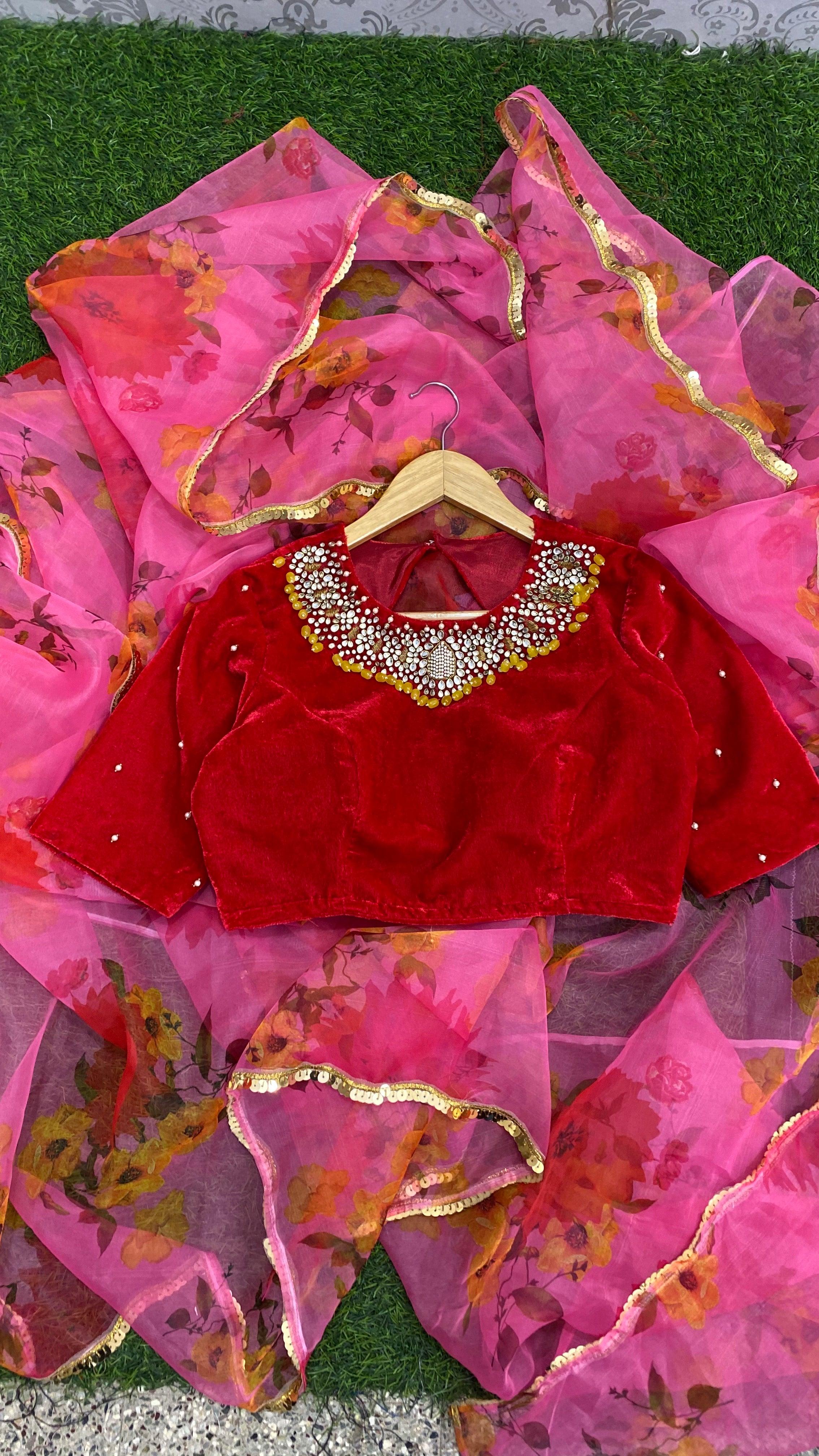 Red velvet blouse with heavy handmade jewel neck - Threads