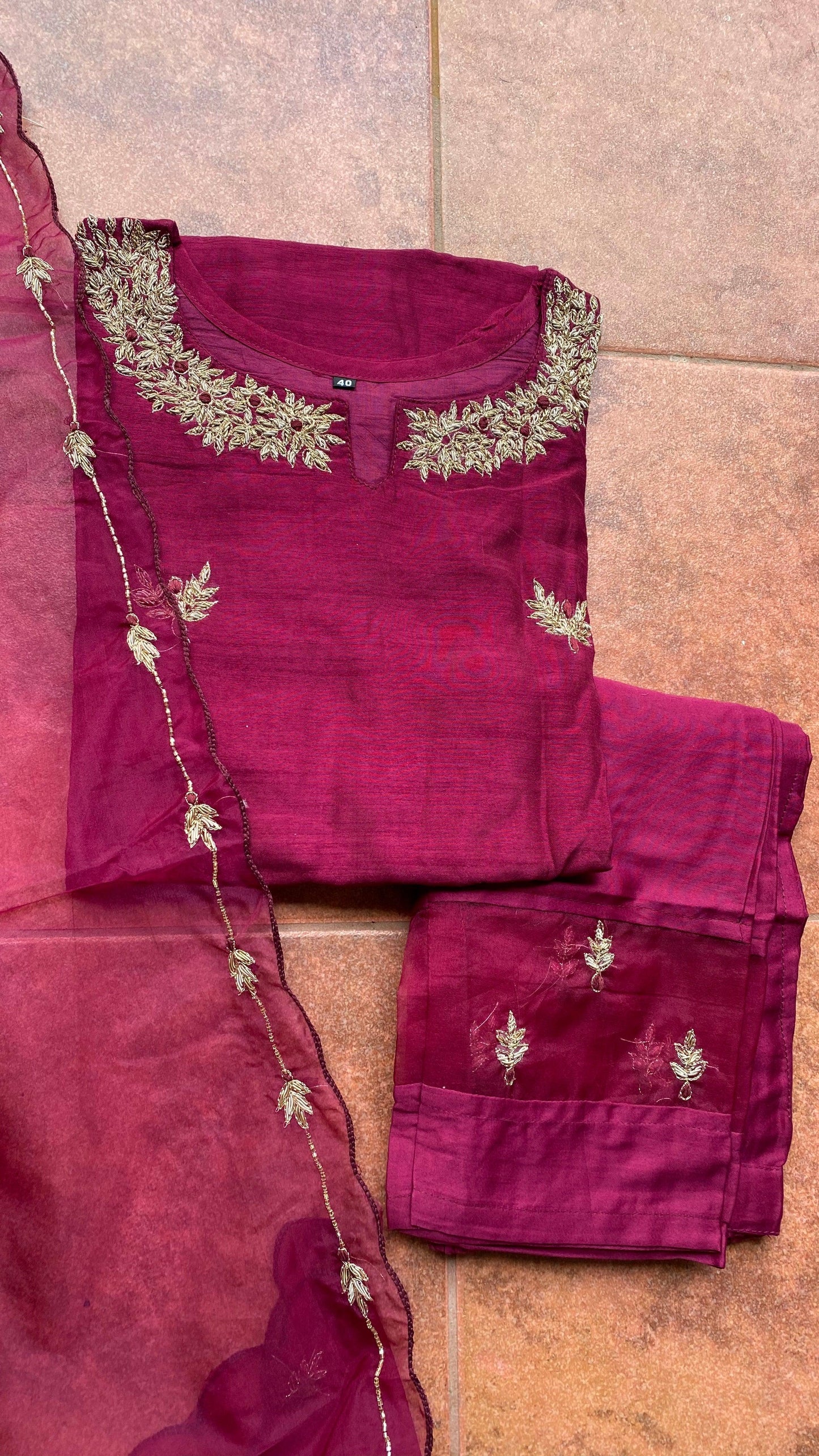 Wine silk hand made embroidery kurti 3 piece set - Threads
