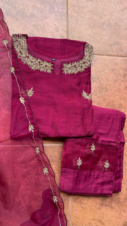 Wine silk hand made embroidery kurti 3 piece set - Threads