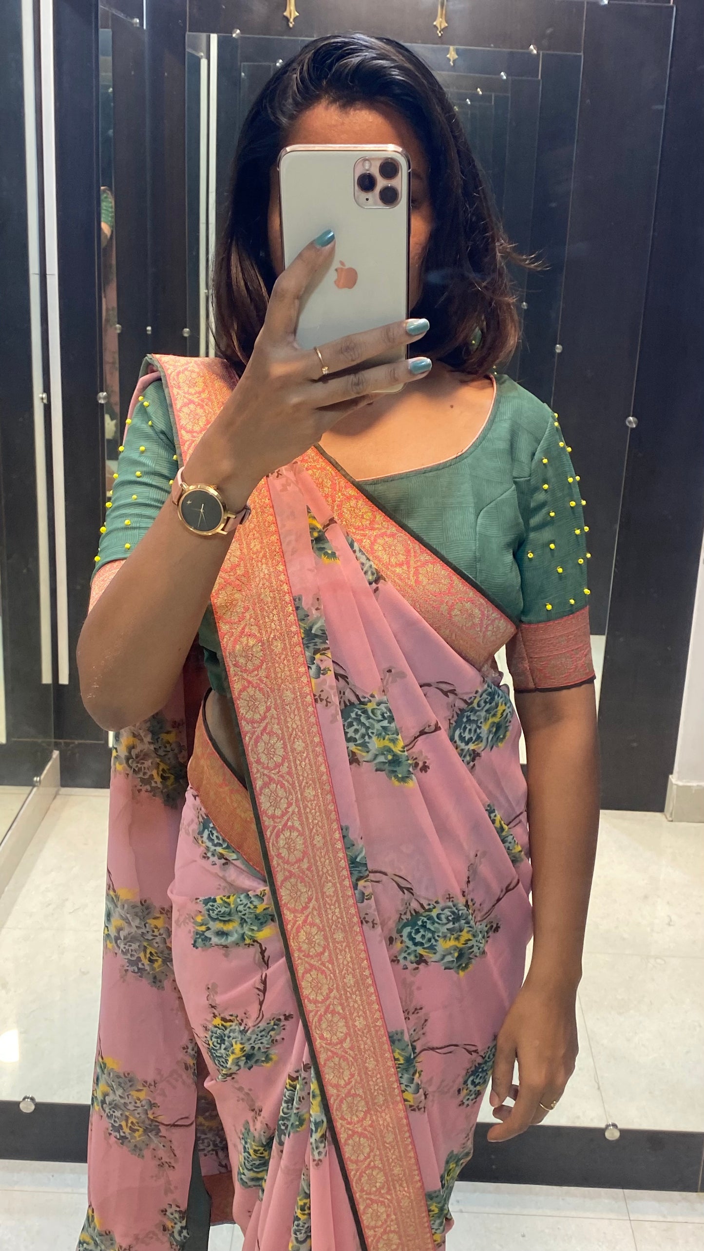 Onion pink floral saree with green blouse - Threads