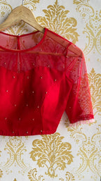 Deep red netted hand embroidery worked blouse - Threads