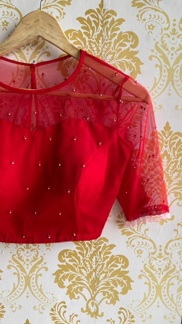Deep red netted hand embroidery worked blouse - Threads
