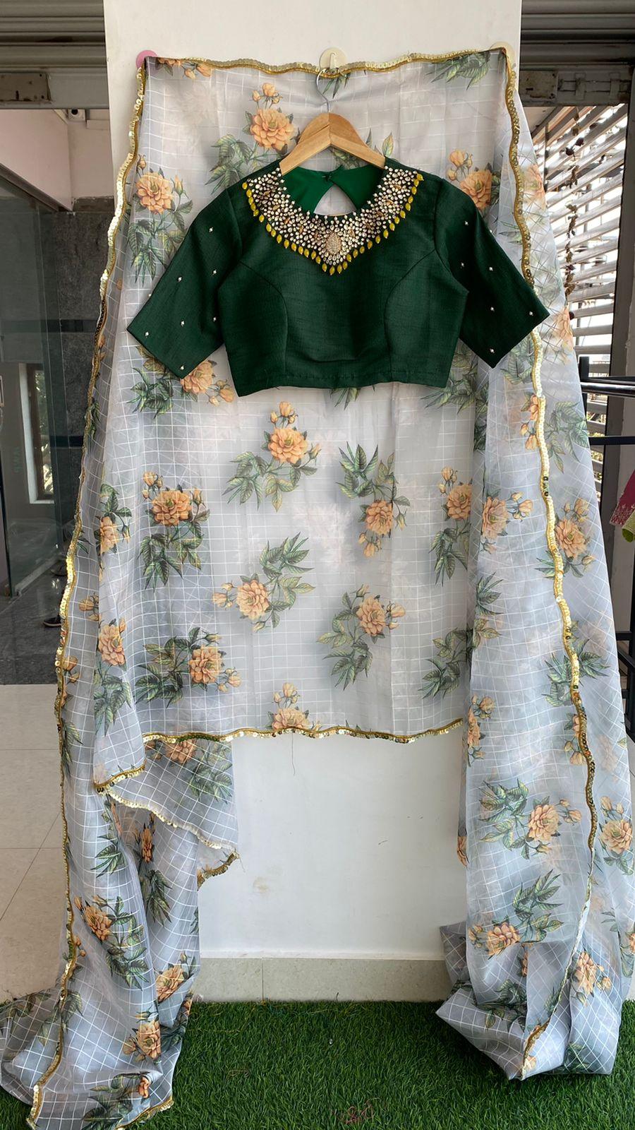 Hand worked Green Jewel Neck stitched Blouse - Threads
