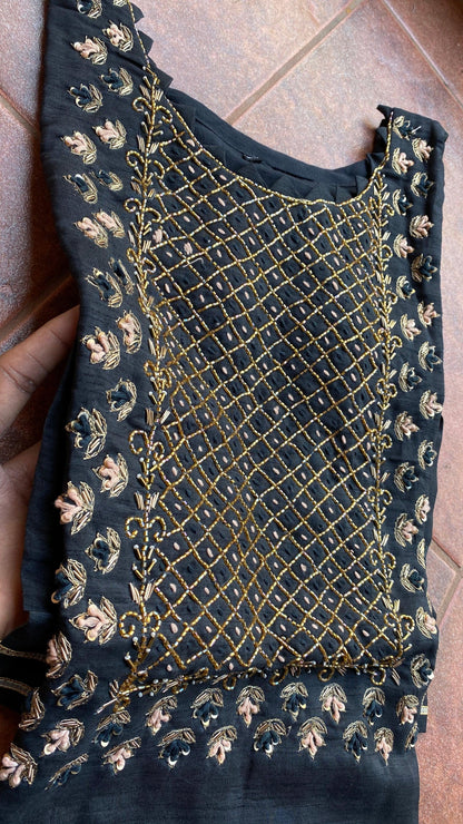 Black heavy embroidery handwork 2 piece kurti set - Threads