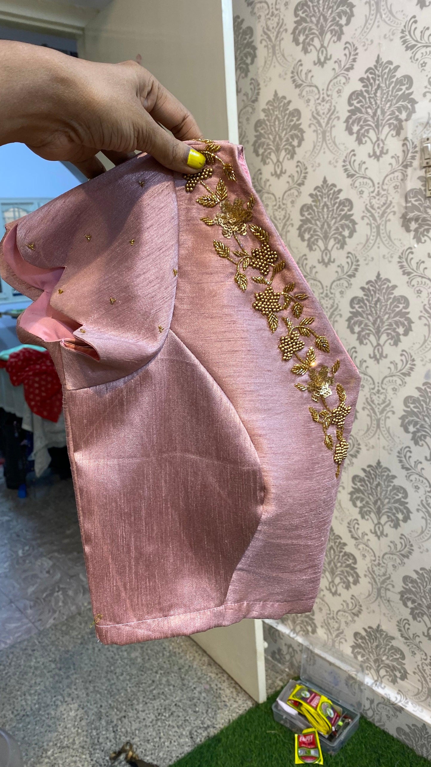 Onion pink silk heavy V shaped hand worked blouse - Threads