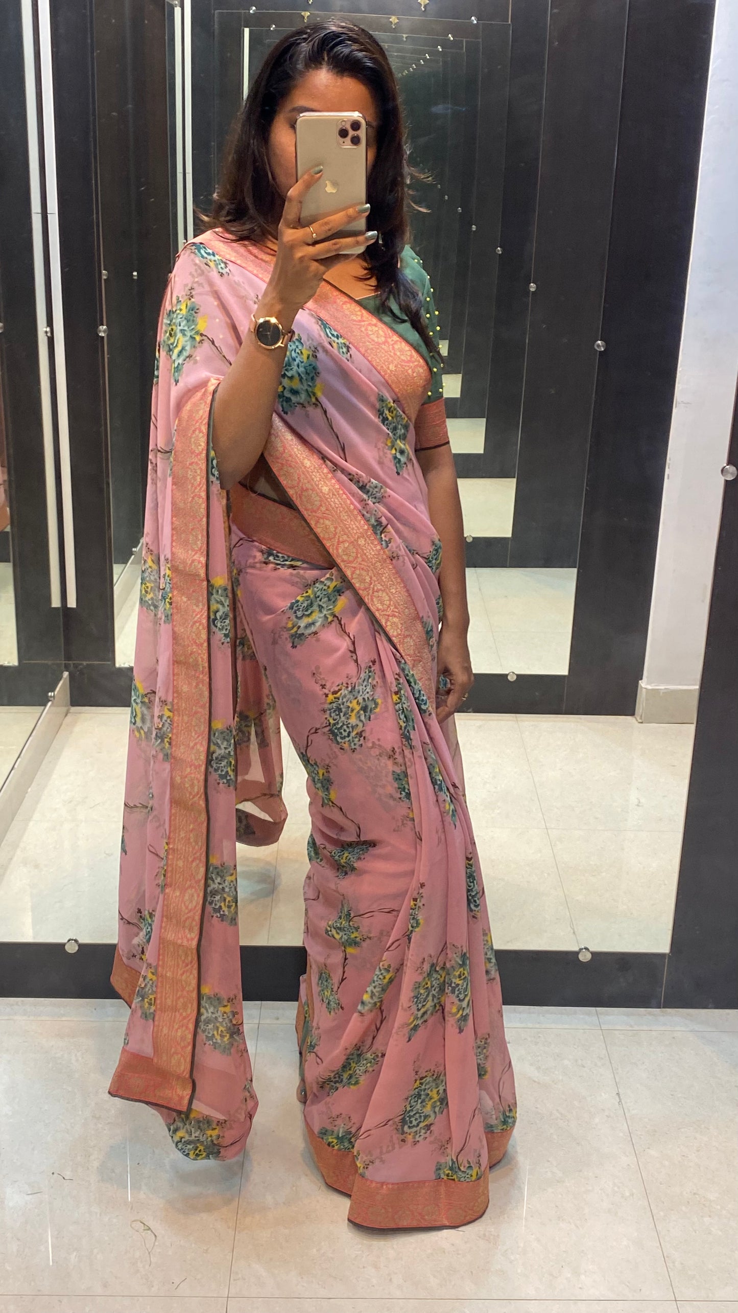 Onion pink floral saree with green blouse - Threads