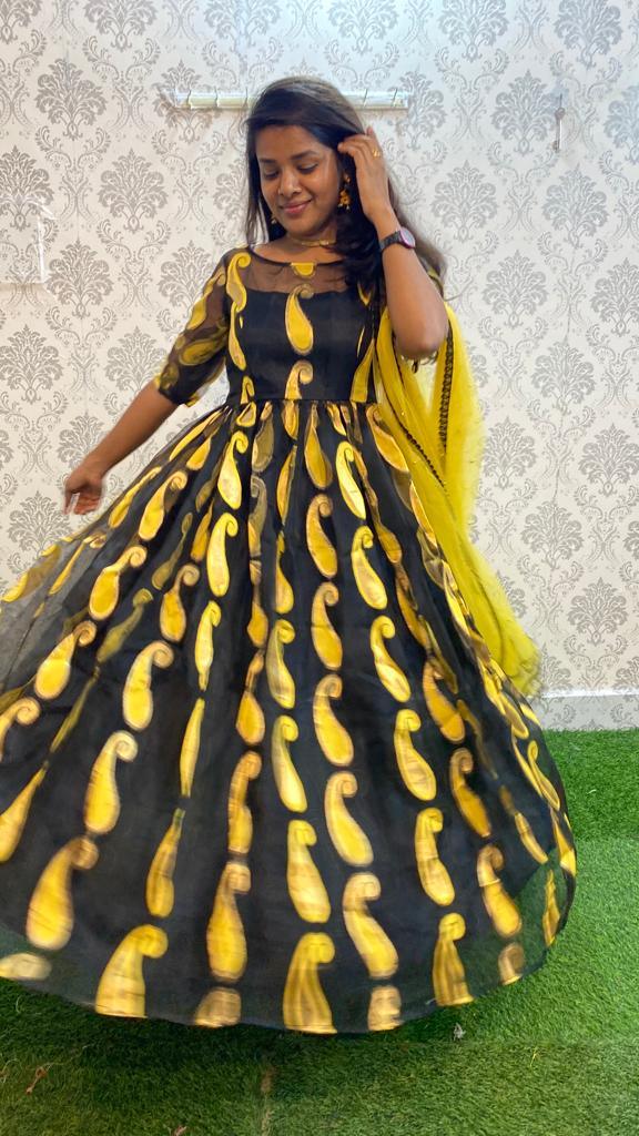 Golden yellow and black organza party wear salwar - Threads