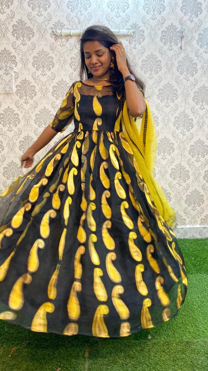 Golden yellow and black organza party wear salwar - Threads