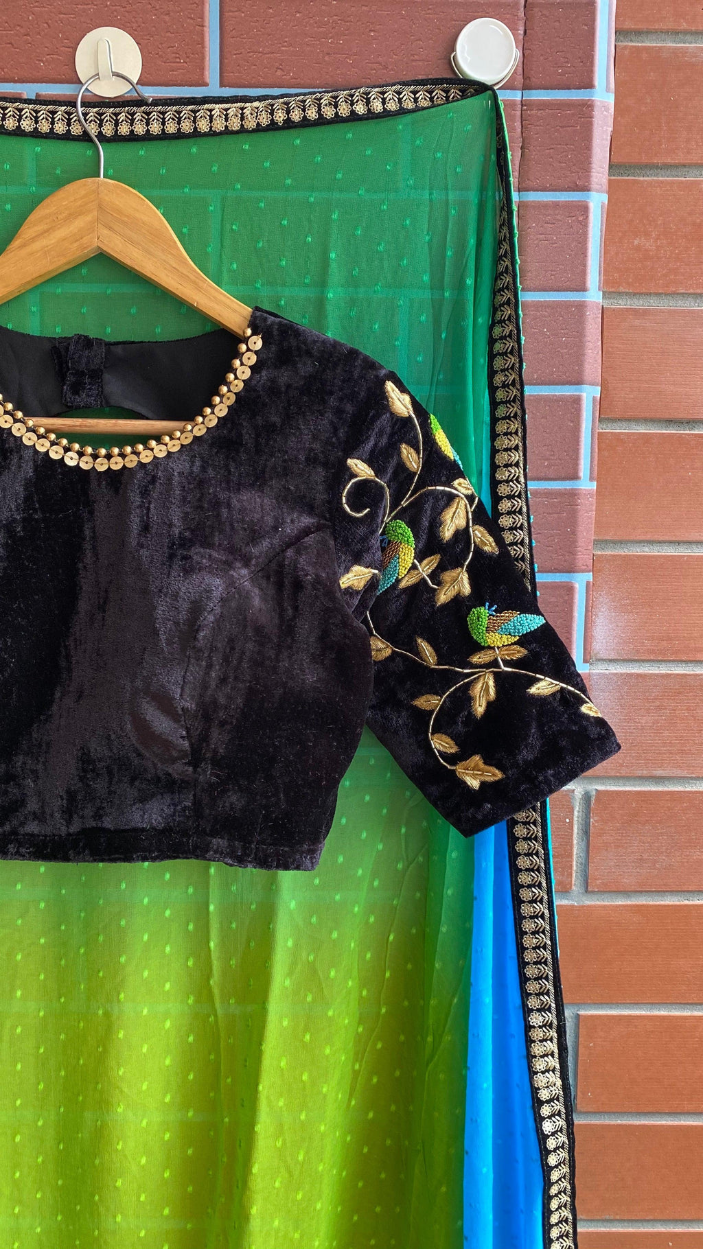 Hand worked velvet ready to wear sleeved designer Blouse - Threads