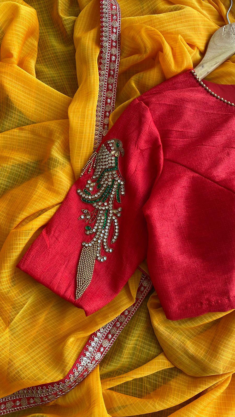Designer Hand worked Bird motifs red ready to wear blouse - Threads
