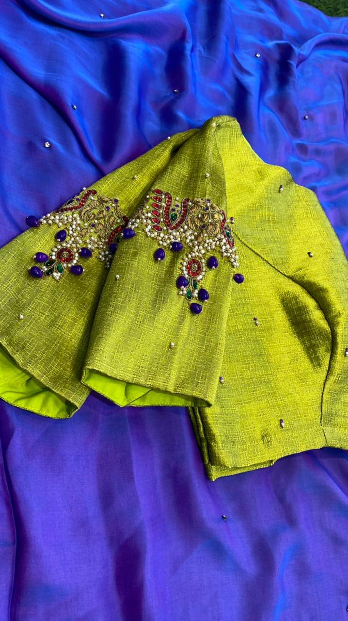 Blue Malai Silk saree with heavy hand worked blouse - Threads
