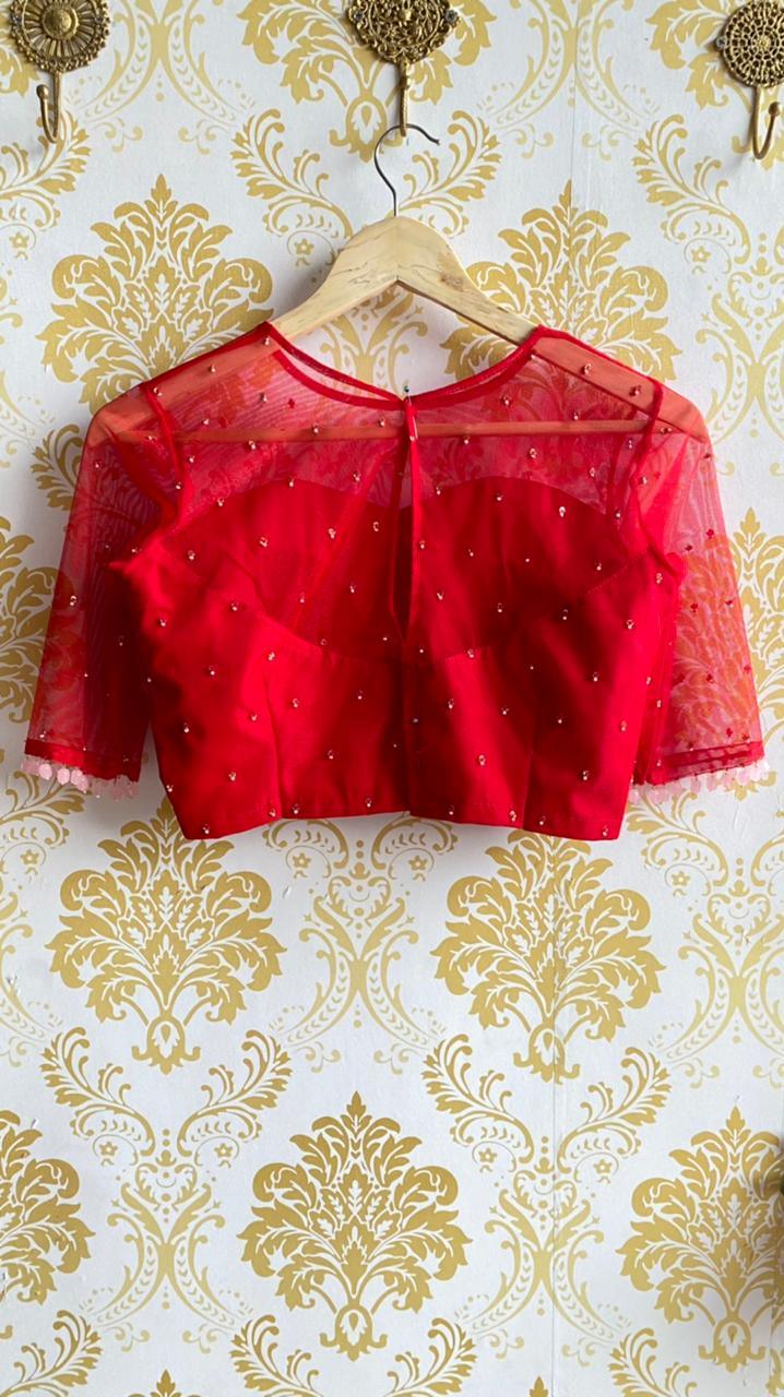 Deep red netted hand embroidery worked blouse - Threads