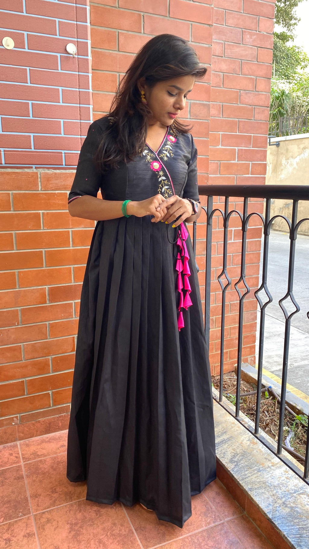 Black silk V neck handworked dress - Threads