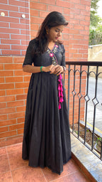 Black silk V neck handworked dress - Threads