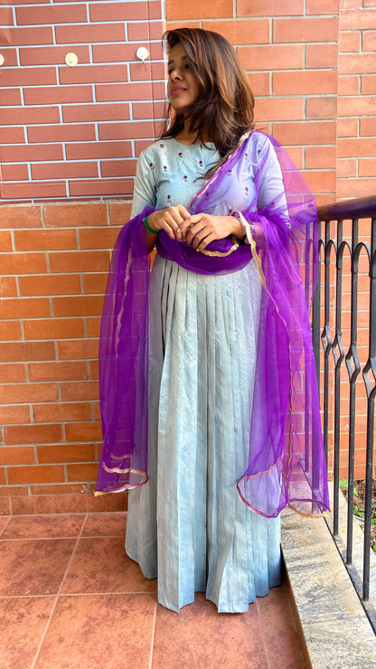 Blue Silk salwar hand worked top and a Duppata dress set - Threads
